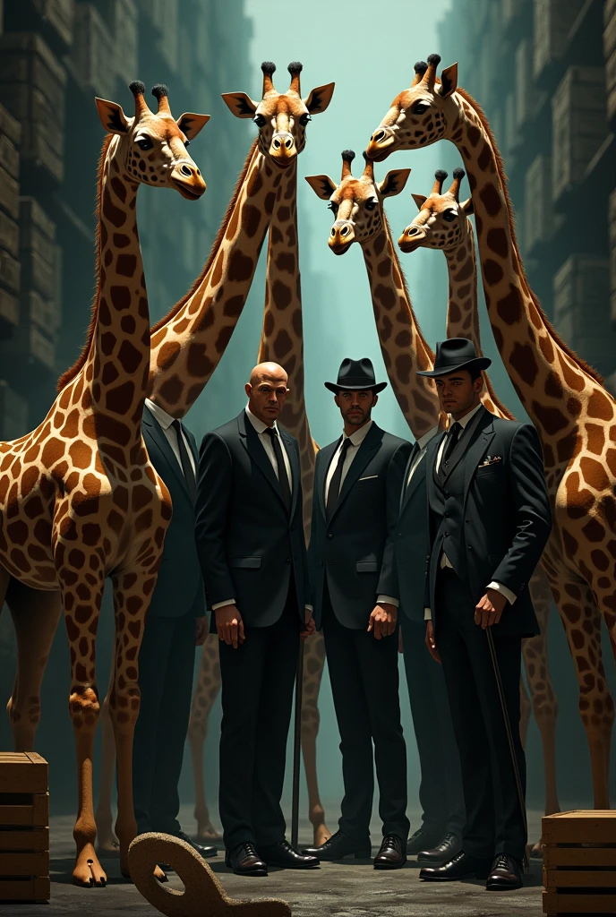 a mafia style gang of giraffes