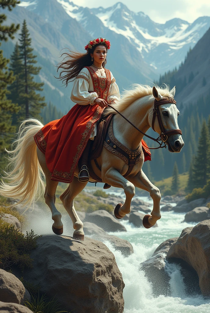 ultra detail, wallpaper, super high resolution, top view, both rocks are visible, sits on a horse holding the reins beautiful
Slavic woman 20 years old, Slavic bright multi-colored clothing embroidered shirt 1880, the horse carried her and jumps on its hind legs from the highest rock to another rock on the other bank,
a wreath of flowers in her hair, earrings and a chain, boots in the stirrup, the horse's coat is dapple, the background is a pine forest, a river, mountains in the snow
