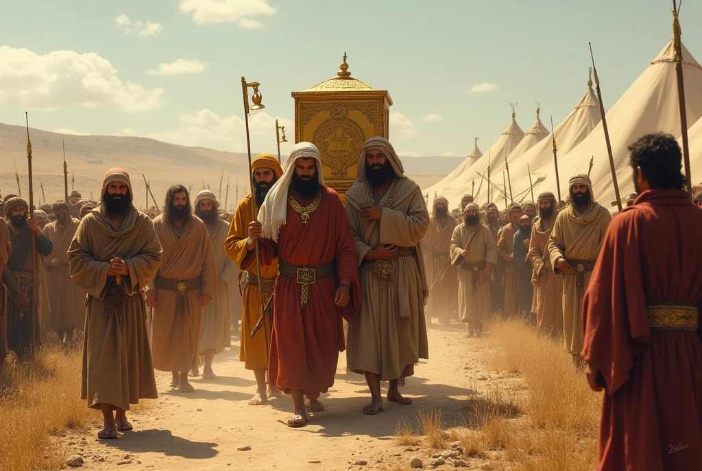 "A solemn and reverent scene showing the Israelites carrying the Ark of the Covenant across a battlefield or on a journey. His face, wrapped in rich fabrics and supported by golden rods, shines with a sacred aura, being carried with great care by priests dressed in ceremonial robes. They walk with firm and respectful steps, as the surrounding crowd watches with a mixture of adoration and anticipation. The sky above is clear and the surroundings are of a barren, desert land., with tents and the landscape in the background. His face está sendo levada à frente de uma marcha triunfante, symbolizing God's presence and divine leadership in the journey of the people of Israel. The group moves forward with determination, while a group of leaders and soldiers watch the scene with pride and reverence."