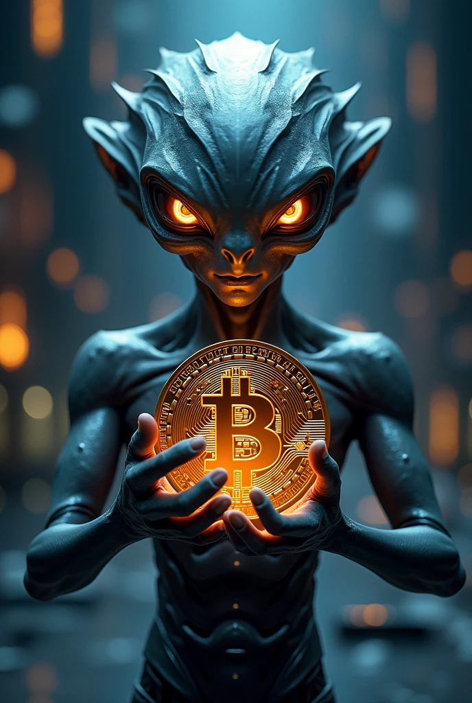 An nft style alien holding a bitcoin coin