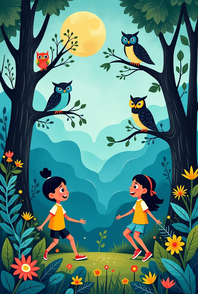 Make me a mural for student day using only the colors blue, green, black and yellow includes owls trees and children