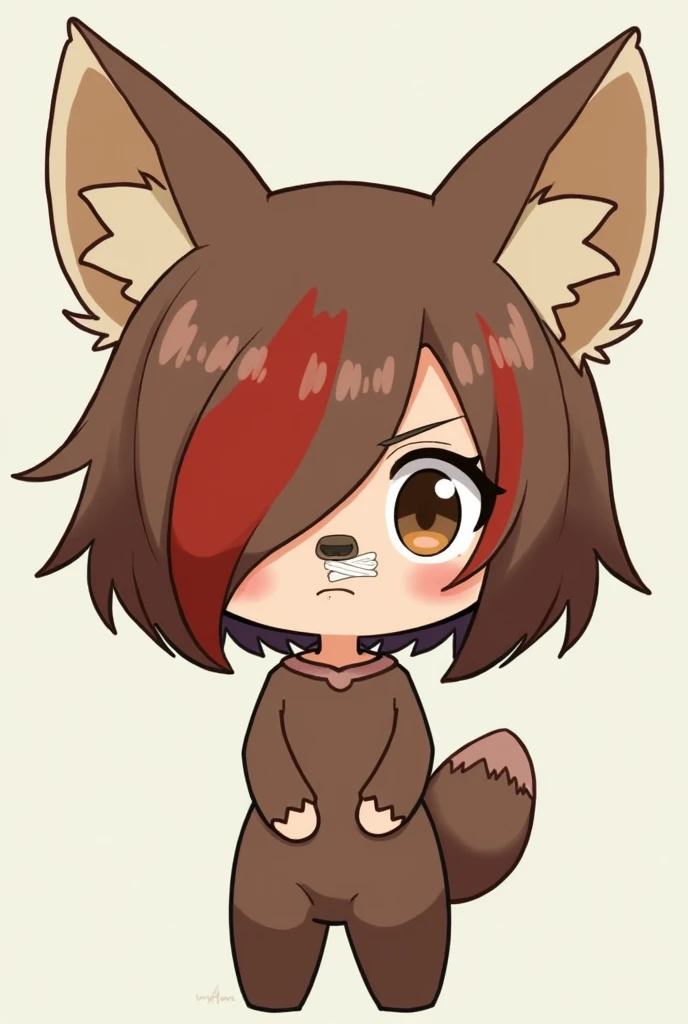 rakkunvt, animal ears, brown hair, red hair, short hair, bandaid on face, bandaid on nose, hair between eyes, raccoon ears