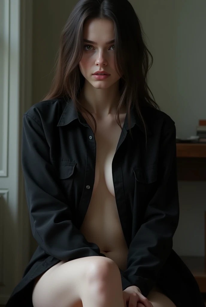 Photography of a 20 year old woman, perfect face, Masterpiece, good, underwear, black_good, jacket, black_trousers,imprisonment,Torture,Naked body,The face is very draggy.,Clear fluid flows from the genitals