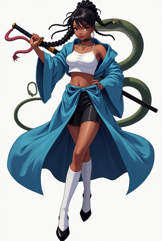 A brown skined anime girl wearing a white crop top,a blue haori,black skirt,long white socks,black heels,erato braids,she has a snake on her neck and is holding a sword