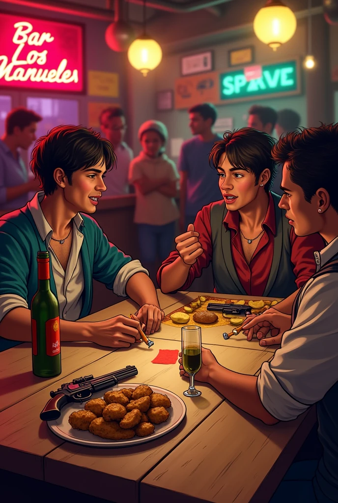image of a bar called BAR LOS MANUELES WITH YOUNG SPANISH GYPSIES PLAYING PARCHIS ON A TABLE. IN THE BACKGROUND OF THE IMAGE YOU CAN SEE SOME YOUNG PEOPLE STANDING. AND THE BAR SIGN.
ON THE TABLE THERE IS A BOTTLE OF RED LABEL, TAPAS WITH POTATOES AND CHICKEN WINGS, And 4 PISTOLS