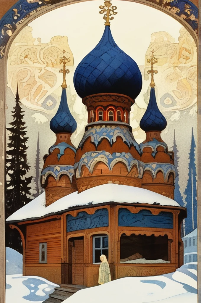 Ivan Bilibin Style - Illustration of a traditional Russian izba (cottage) in the style of Mikhail Vrubel, incorporating the compositional principles inspired by Ivan Bilibin. This artwork focuses on the architectural beauty of the izba, omitting human figures to highlight its serene and timeless presence