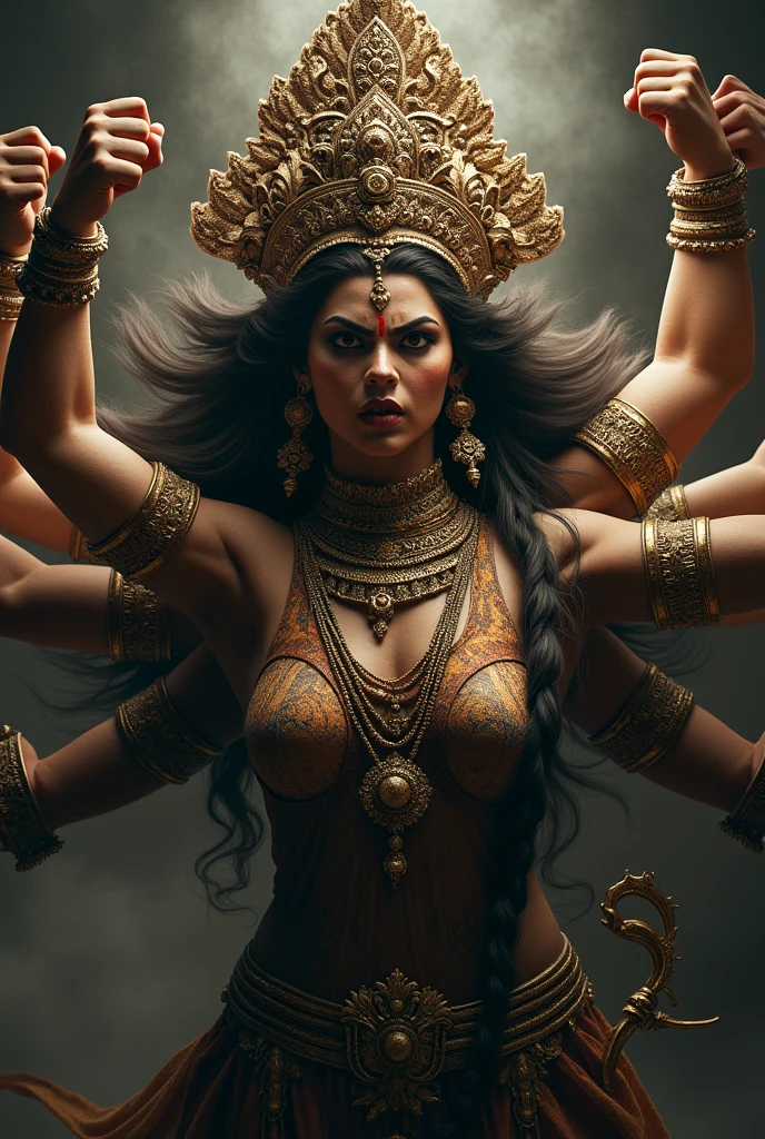 a furious deity with multiple arms, goddess durga, angry expression, detailed face, piercing eyes, ornate headdress, powerful stance, intricate jewelry, elaborate clothing, full body visible, dark background, dramatic lighting, moody atmosphere, digital art, hyper detailed, cinematic style, photorealistic, masterpiece