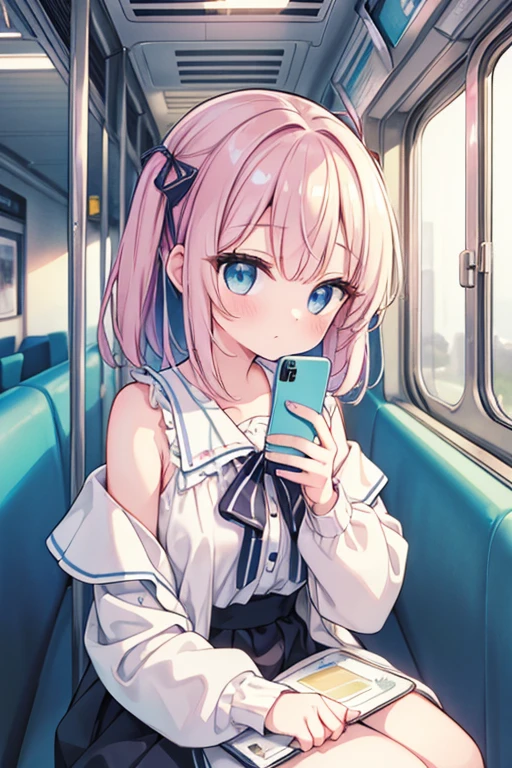 (8k, Highest quality, masterpiece:1.2),(Highest quality:1.0), (Ultra-high resolution:1.0), watercolor, Beautiful woman, shoulder, Hair Ribbon, Agnes Cecil, Half Body Portrait, Very bright and luminous design, pastel colour, (ink:1.3), Autumn Light,on the train,Train seat,headphone,((Looking at the mobile phone))