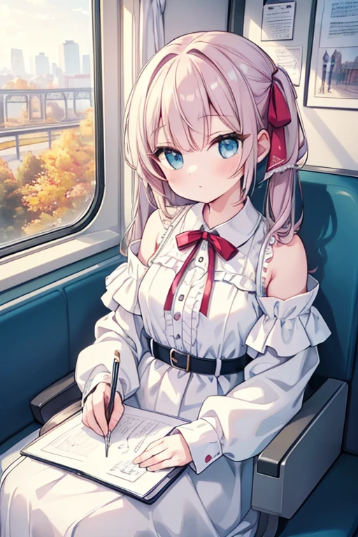 (8k, Highest quality, masterpiece:1.2),(Highest quality:1.0), (Ultra-high resolution:1.0), watercolor, Beautiful woman, shoulder, Hair Ribbon, Agnes Cecil, Half Body Portrait, Very bright and luminous design, pastel colour, (ink:1.3), Autumn Light,on the train,Train seat,headphone,((Looking at the mobile phone))