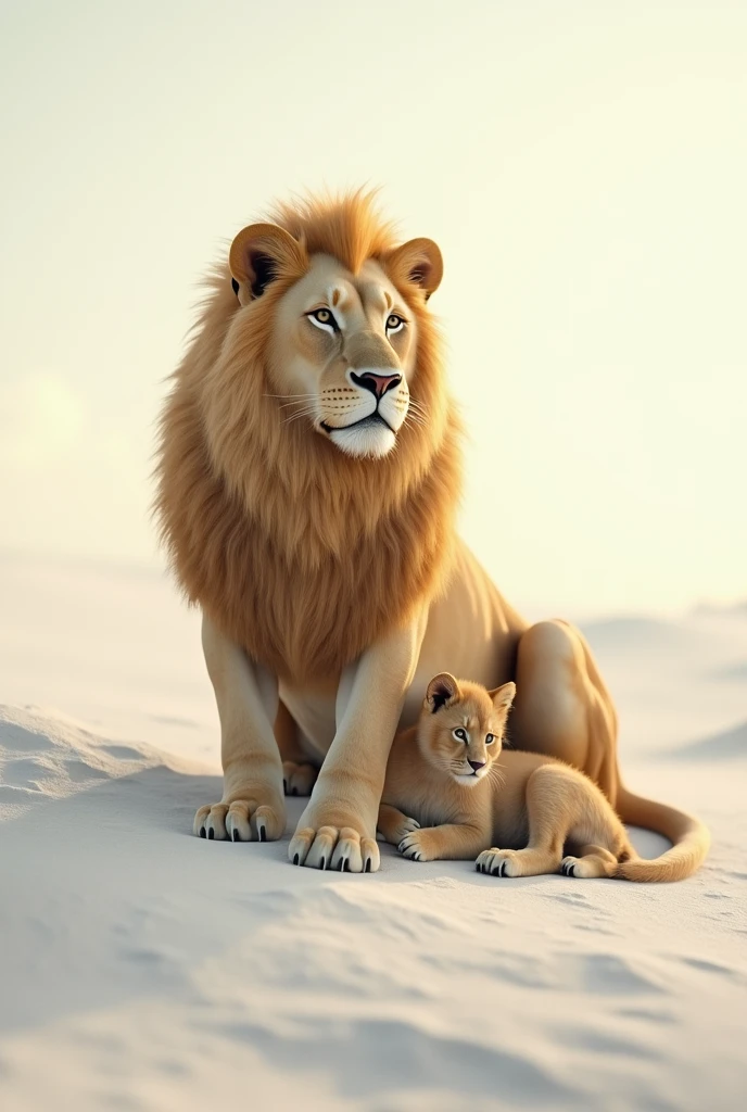 The lion with long hair,in white desert,seating with baby