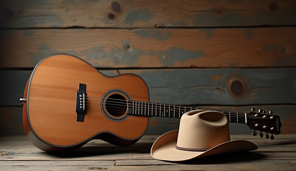 a guitar next to a cowboy hat, rustic wooden background