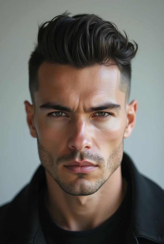 white man with mod cut hair serious face gray background