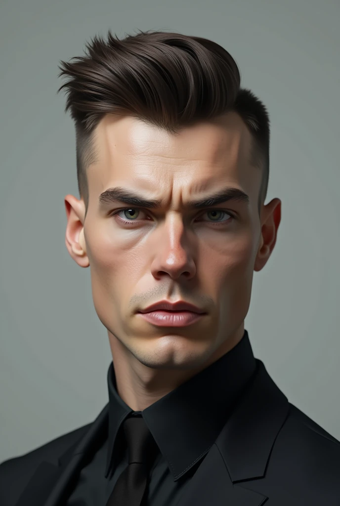 white man with mod cut hair serious face gray background