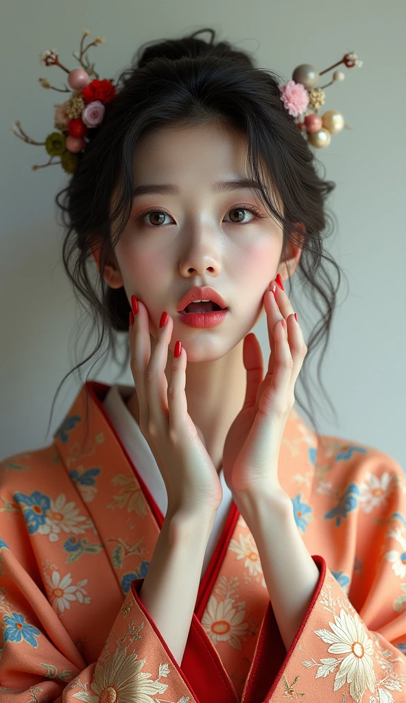 1girl, Solo, (Photorealism 1:1), Blue eyes, Open Mouth, Beautiful Japanese kimono, very beautiful Japanese female, very detailed fingers, beauty red nails, HDR
