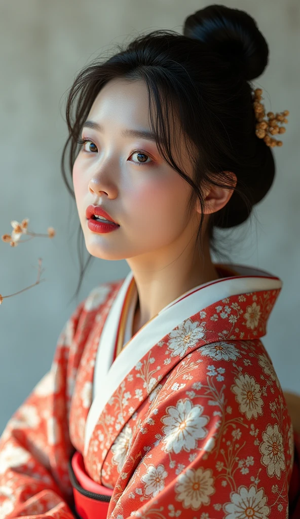 1girl, Solo, (Photorealism 1:1), Blue eyes, Open Mouth, Beautiful Japanese kimono, very beautiful Japanese female, very detailed fingers, beauty red nails, HDR