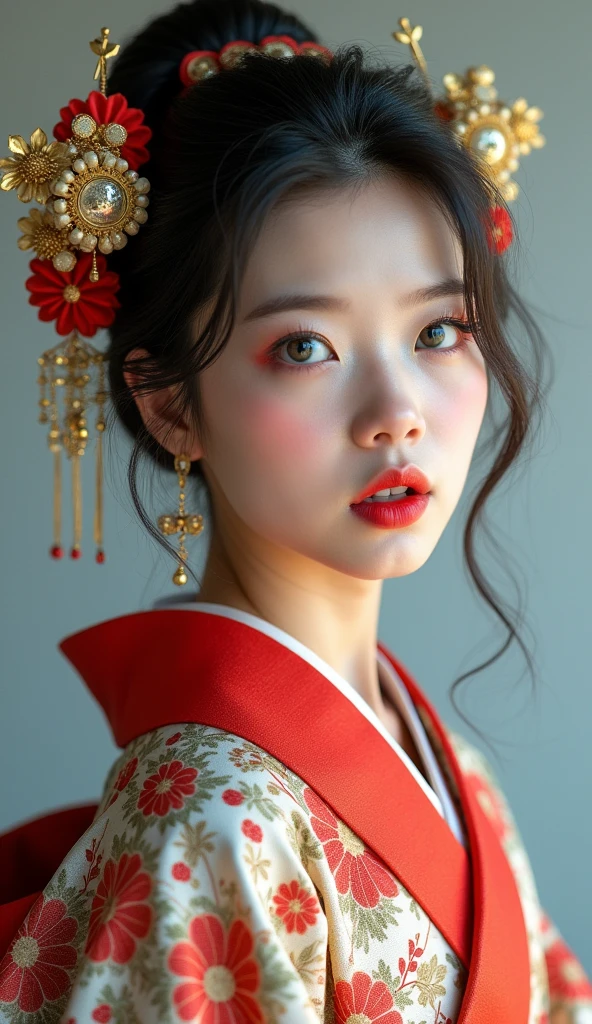 1girl, Solo, (Photorealism 1:1), Blue eyes, Open Mouth, Beautiful Japanese kimono, very beautiful Japanese female, very detailed fingers, beauty red nails, HDR