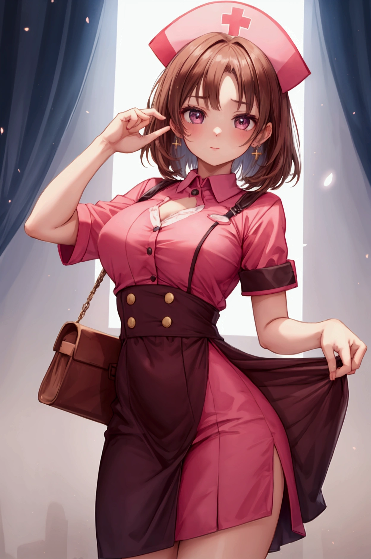 Simple white background,
nurse uniform, Pink Shirt,Short sleeve, 
nurse, nurse cap, 
brown eye, Brown Hair,bangs,short hair,
1 girl, 20-year-old,young woman,beautiful long legs,beautiful body,
beautiful Nose,beautiful character design, perfect eye, perfect face,expressive eye,Perfect balance,
View your viewers,(Focus on her face),Mouth closed, (Innocent_big_eye:1.0),(Light_笑face:0.3),
Official Art,Very detailed CG ユニティ 8k 壁紙, Perfect lighting,colorful, bright_front_face_Lighting,White skin,
(masterpiece:1.0),(Highest_quality:1.0), 超High resolution,4K,Very detailed,
photograph, 8k, High resolution, High resolution, Absurd:1.2, 400 for Kodak Port, Film Grain, Blurred Background, Bokeh:1.2, Lens flare, (Vibrant_color:1.2),プロのphotograph,
(beautiful,big_chest:1.4), (beautiful_face:1.5),(narrow_Waist),