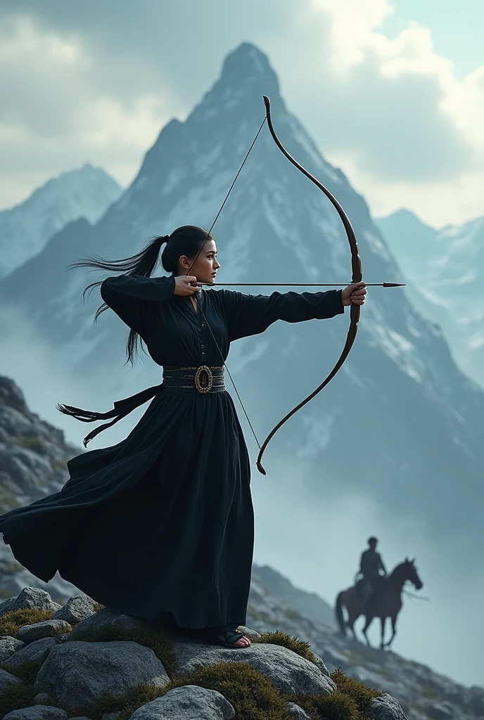 Beautiful malay muslim woman,martial art silat,black dress,bow arrow, horse riding, mountain,war,epic