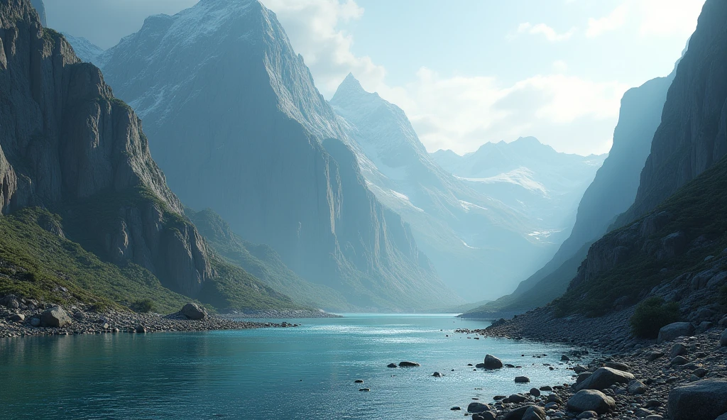 There is a deep river at the foot of the mountain，The mountain is bare with no plants.(best quality，4K，8k，High level，masterpiece：1.2），Ultra Detailed，（lifelike，Photo real，Photo real：1.37）