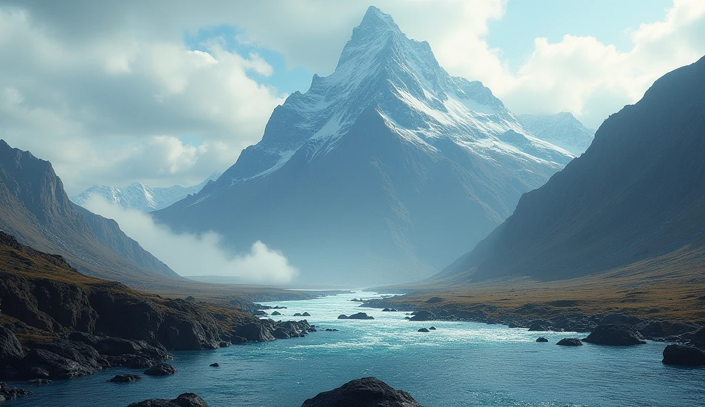There is a deep river at the foot of the mountain,The mountain is bare with no plants.(best quality,4K,8k,High level,masterpiece:1.2),Ultra Detailed,(lifelike,Photo real,Photo real:1.37)