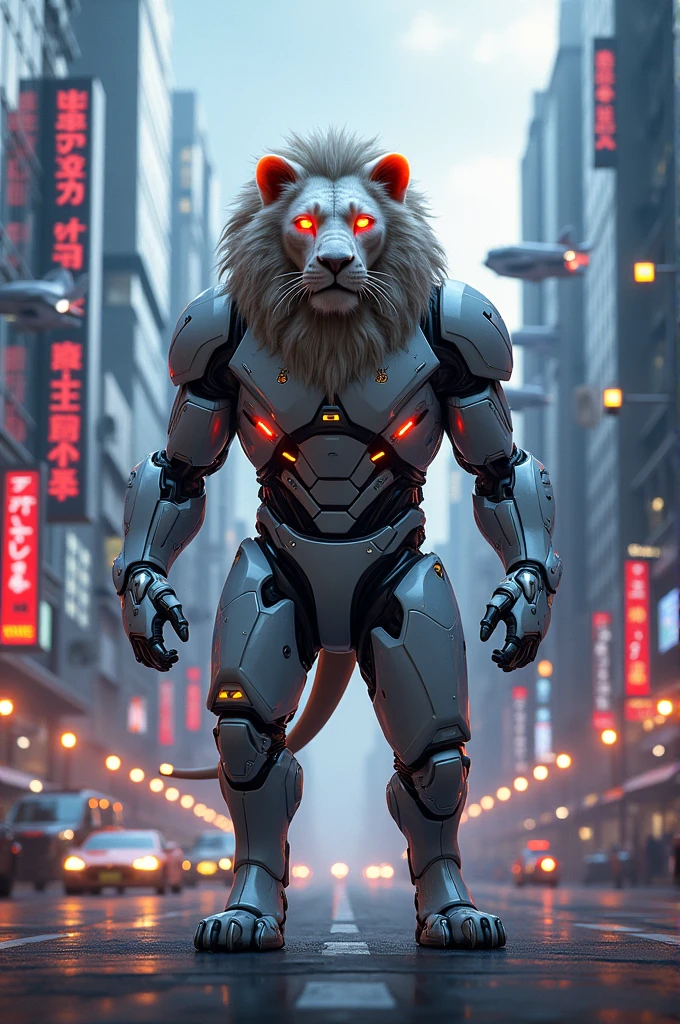 Lion wearing cyber suit stamds in the moddle of skyscraper of Tokyo city loght theam
