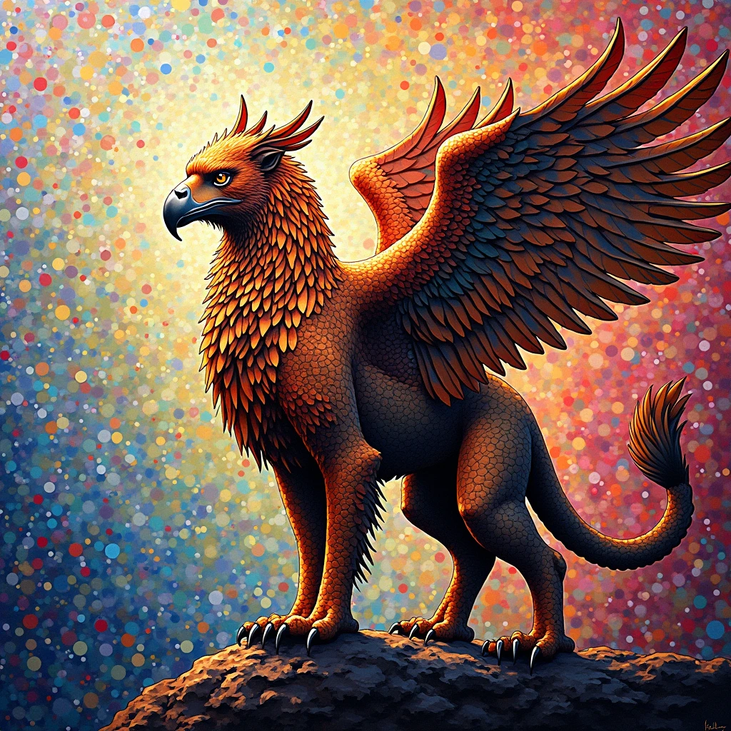 Griffin, Neo Impressionism, tiny colors, pointillism, painting, (best quality, masterpiece, photorealistic), very aesthetic, perfect composition, intricate details, ultra-detailed, vivid colors