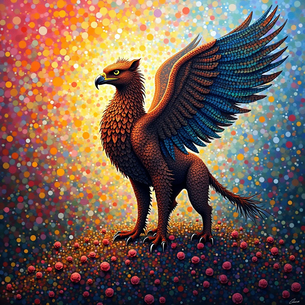 Griffin, Neo Impressionism, tiny colors, pointillism, painting, (best quality, masterpiece, photorealistic), very aesthetic, perfect composition, intricate details, ultra-detailed, vivid colors