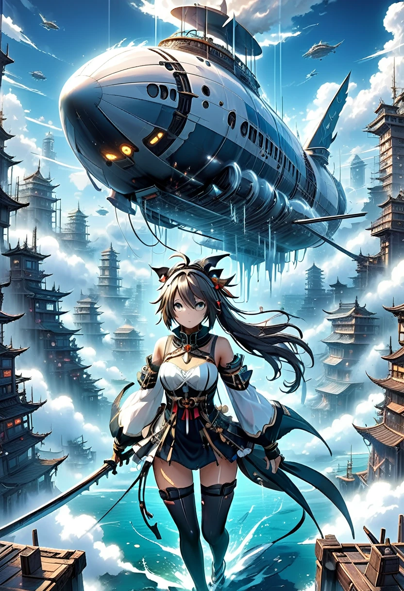 Aerial city of the future,Remains,sea of clouds,airship,The World of Soratorobo,water is gushing out,Android,See through,