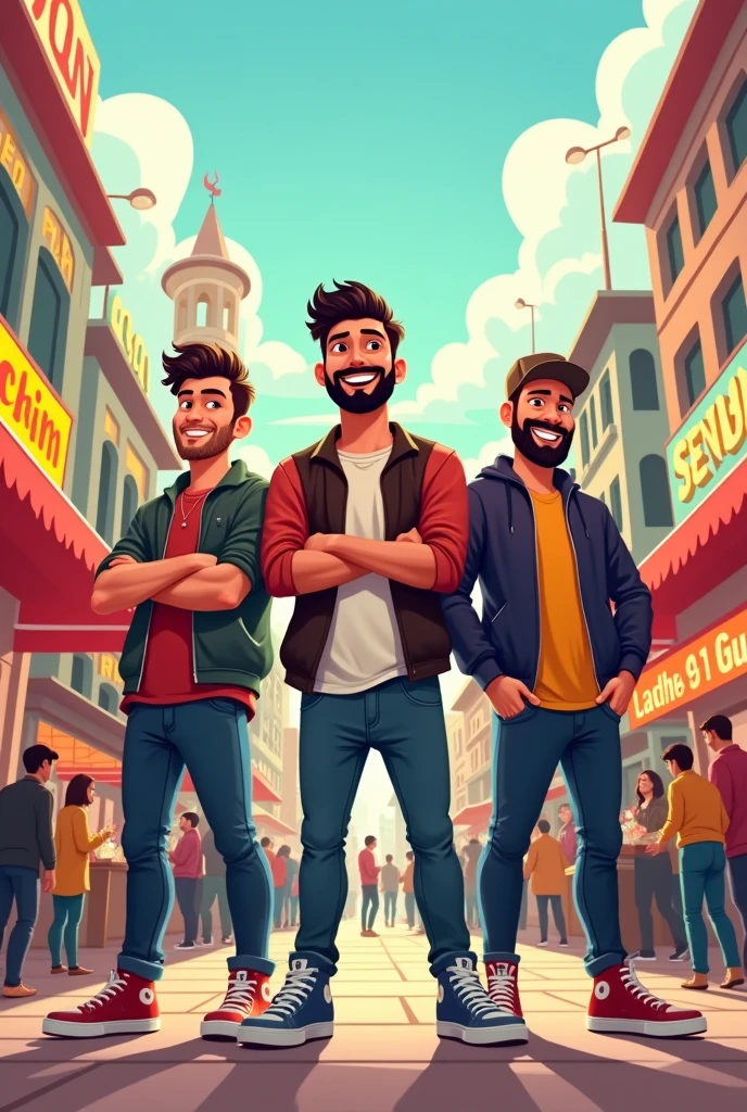 Three male food vloger stand in Lahore animation pic