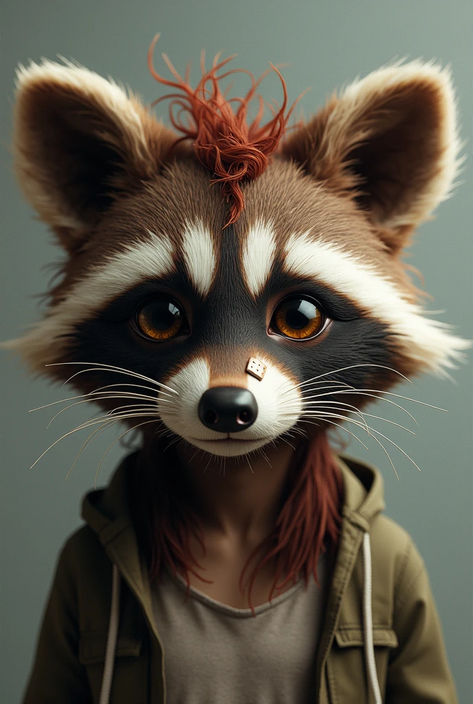 rakkunvt, animal ears, brown hair, red hair, short hair, bandaid on face, bandaid on nose, hair between eyes, raccoon ears Human