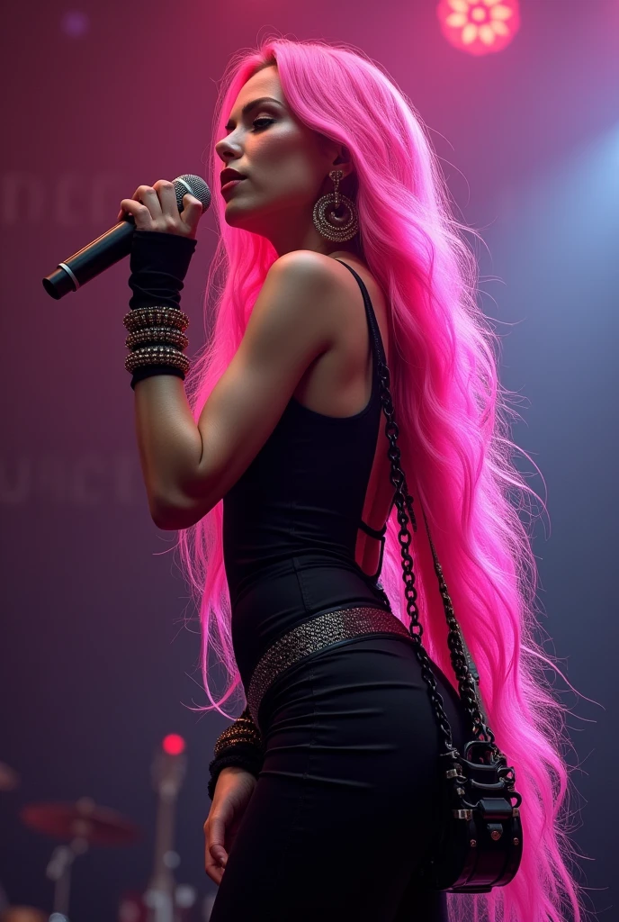 pink hair superstar, back with guitar on his back and microphone in his hand singing, beautiful hyperrealistic long pink hair and black dress 