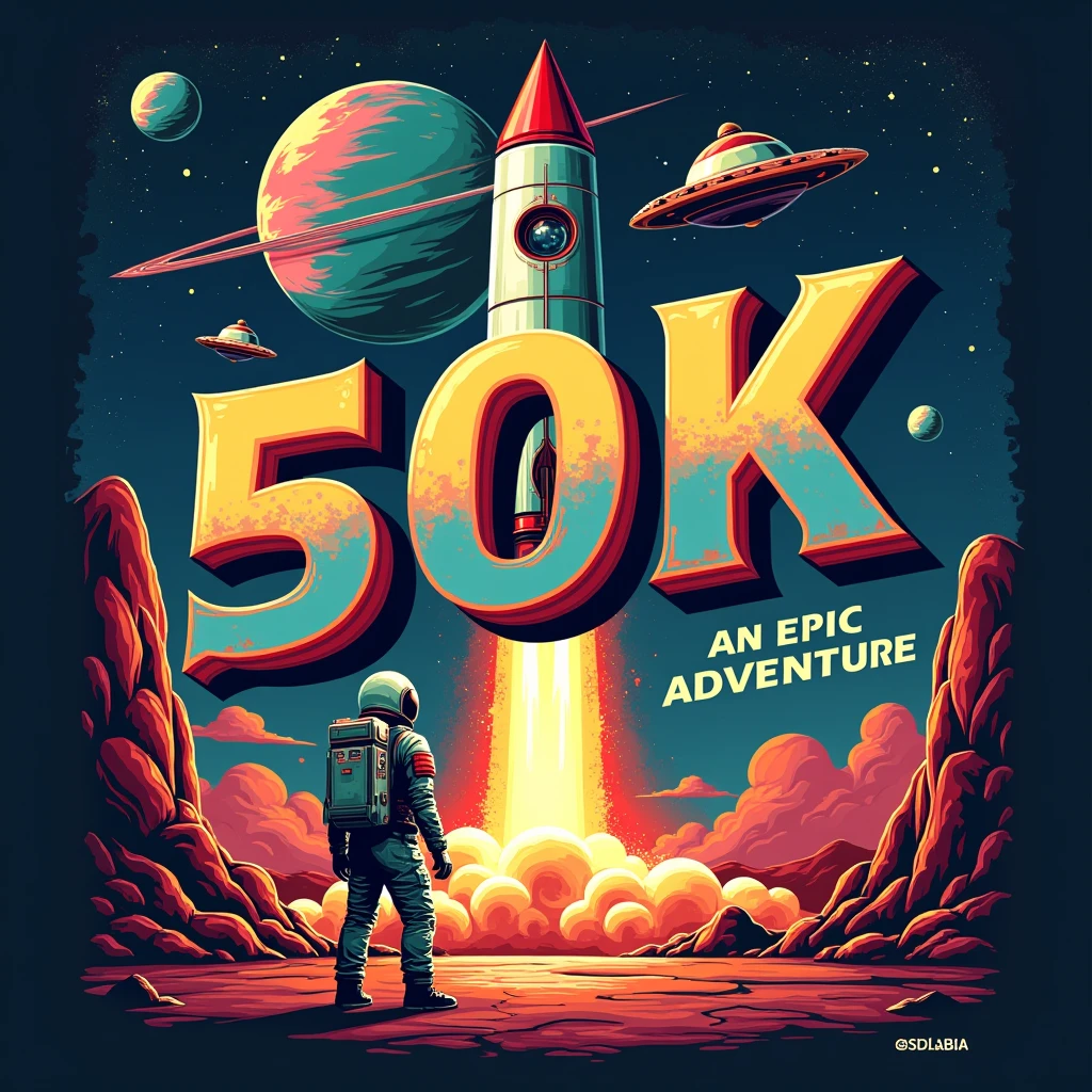 A inspired t-shirt design mimicking a (graffiti art, metallic letters, poster saying "50K"). Another medium text saying "OBRIGADO", "THANK YOU", "GRACIAS"). It features a classic rocket ship launching from an alien landscape with flying saucers, astronaut, and a ringed colorful planet in the background. The title is in bold, graffiti style typography with a catchy tagline, "An Epic Adventure". Text saying "GUSTAVO YABAI"