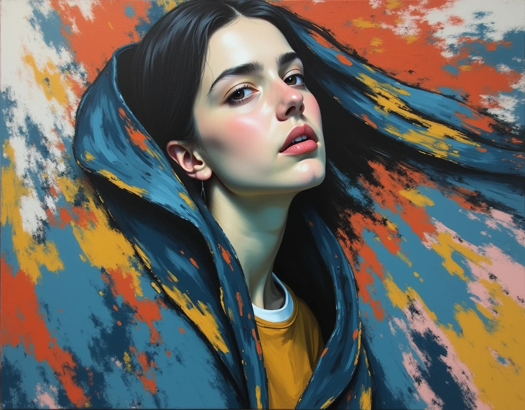Create an evocative oil painting inspired by Malcolm Liepke, based on the provided image. Capture the intense, introspective expression of the young subject using thick, expressive brushstrokes and a muted color palette. Highlight the emotional depth and vulnerability in the subject's gaze, emphasizing the play of light and shadow on their face. Maintain a simple, textured background that complements the subject's contemplative presence. Focus on the tactile quality of the oil paint to convey the raw emotion and intimacy characteristic of Liepke's style.