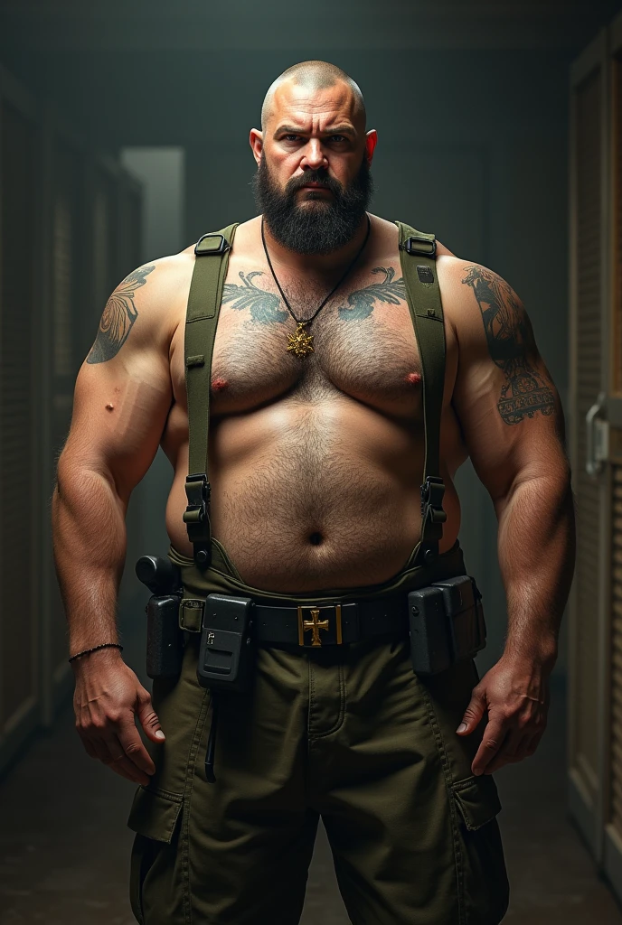 ultra realistic 8k, a 2 white man of Russian descent. ultra resistant army soldier, Does not have a beard. Muscular and corpulent physique of 2,30 meters high(Realist 8K). His face is aggressive and he has a scar on his face.(ultra Realist 8K). He wears Brazilian army pants and a heavy vest.(detailed 8k) wearing no shirt .he is in a barracks. He has a tattoo of a cross on his torso.(detalhada e ultra Realist 8K). He wears a gold crucifix too