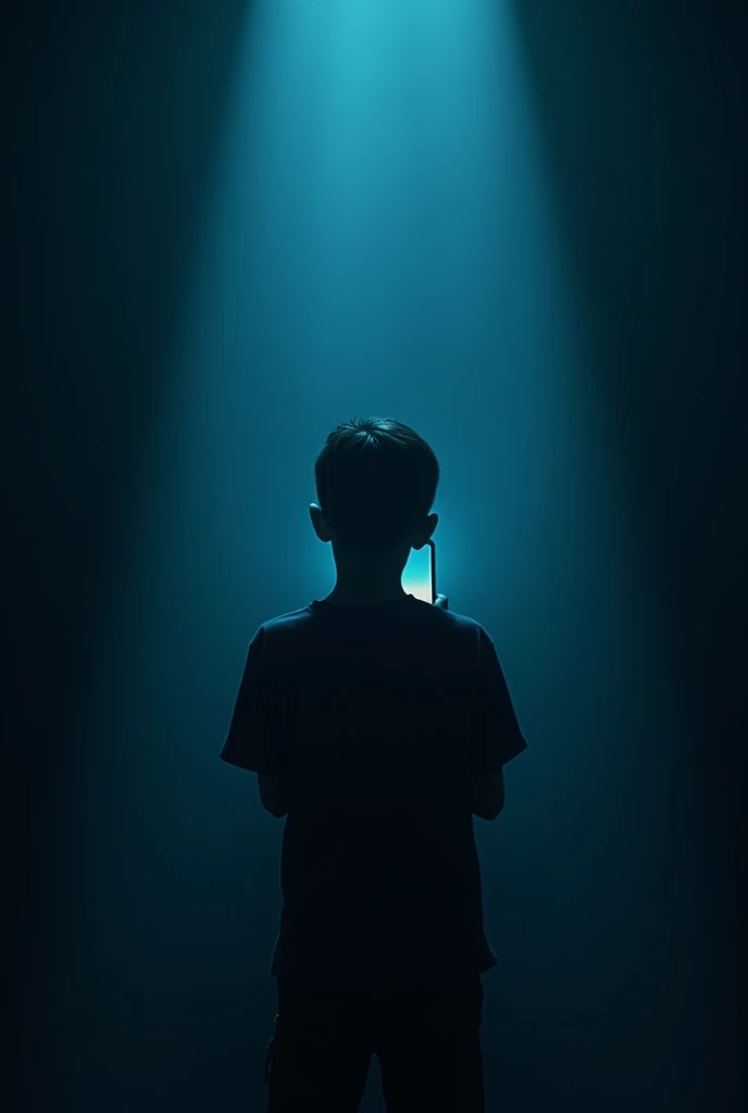 Create a poster for a movie featuring a human boy without his face appearing, he is in a dark room where only the light from his phone appears and his back is turned,he is wearing dark clothes 