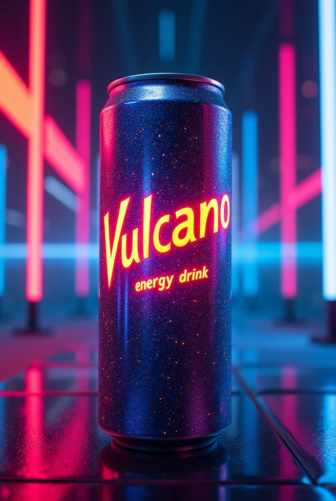 Vulcano brand energy drink in neon colored can with slogan energy drink Holographic