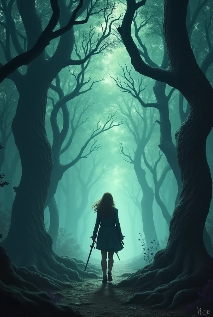 Depict Noor as she steps into a mystical, eerie forest. The towering trees are ancient and twisted, their branches casting strange shadows. Noor walks cautiously through the woods, her small sword strapped to her side. In the distance, a strange glow flickers, hinting at the magical journey she’s about to embark on. The atmosphere is both tranquil and slightly unsettling, with a mist rolling in."