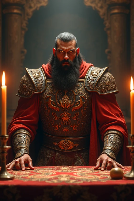 Ancient worrier, bold, tall and handsome, Dinner, crimson eyes, burning candles, dining table, angry look with smile, full of colors