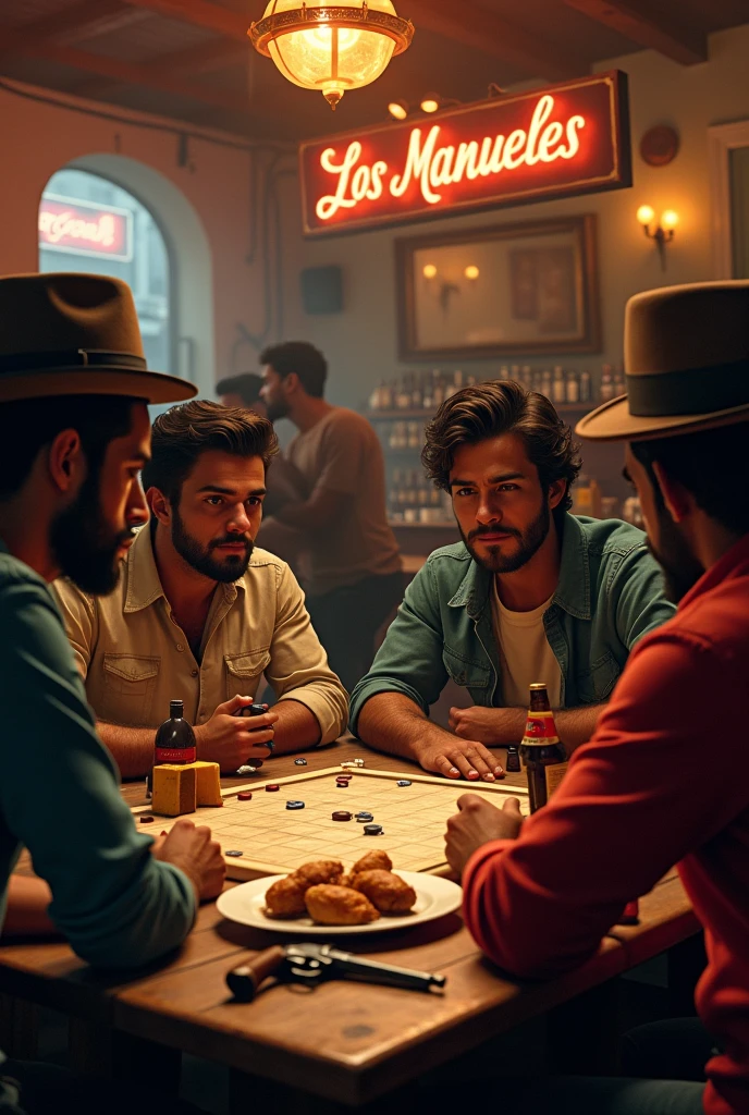 REALISTIC image of a bar called BAR LOS MANUELES WITH YOUNG SPANISH GYPSIES WITH SOMEWHAT DARK SKIN. THERE ARE 4 YOUNG PEOPLE PLAYING PARCHIS ON A TABLE. 1 OF THEM WITH A BEARD AND ANOTHER WITH AN ANDALUSIAN HAT,IN THE BACKGROUND OF THE IMAGE YOU CAN SEE SOME YOUNG PEOPLE STANDING. AND THE BAR SIGN.
ON THE TABLE THERE IS A BOTTLE OF RED LABEL, TAPAS WITH POTATOES AND CHICKEN WINGS, And 4 PISTOLS