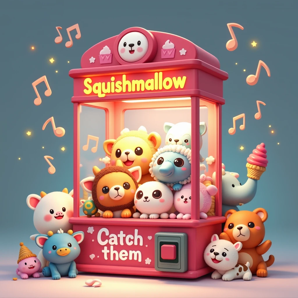 ((white background)), The image shows a cartoon style claw machine. The machine is predominantly red, with a transparent front, and at the top it says “Squishmallow” in yellow letters. Inside the claw machine, There are several cute plush toys that resemble animals, there is a turtle, A cow, a sheep, owlship, elefant, catboy, rapoza, like bears and ice cream. The toys have big eyes and smiling faces, which gives them a friendly appearance. Around the machine, There are floating musical notes and twinkling lights that add to its playful charm. The words “CATCH THEM” are visible on the bottom of the machine in white letters on a pink background.. This image is interesting because it depicts a fun scene that may appeal to children or people who appreciate cute aesthetics.. 🍓🧸✨((white background)), ((white background)),