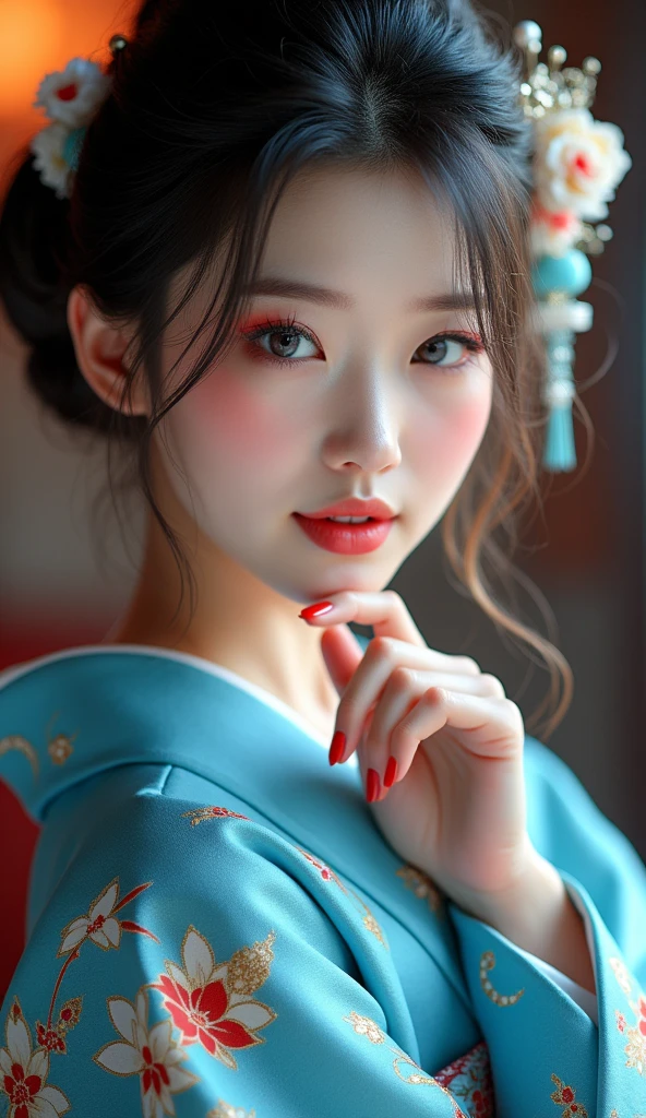 1girl, Solo, High Resolution, Blue eyes, Open Mouth, Beautiful Japanese kimono, very beautiful Japanese female, very detailed fingers, beauty red nails, HDR