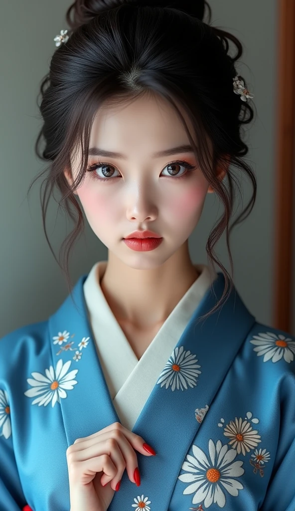 1girl, Solo, High Resolution, Blue eyes, Open Mouth, Beautiful Japanese kimono, very beautiful Japanese female, very detailed fingers, beauty red nails, HDR