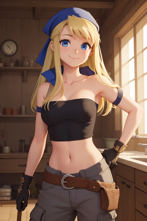 winryrockbell, winry rockbell, blue eyes, blonde hair, BREAK gloves, navel, cleavage, bare shoulders, collarbone, earrings, midriff, pants, stomach, bare arms, strapless, bandana, bandeau, tube top, grey gloves,BREAK smiling, teeth, one eye closed BREAK holding a wench BREAK indoors, BREAK looking at viewer, BREAK (masterpiece:1.2), best quality, high resolution, unity 8k wallpaper, (illustration:0.8), (beautiful detailed eyes:1.6), extremely detailed face, perfect lighting, extremely detailed CG, (perfect hands, perfect anatomy),
