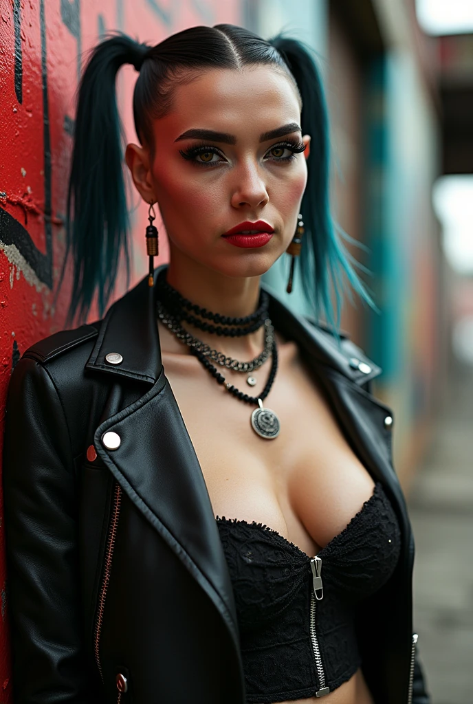 (Masterpiece:1.2, Best quality), (real photo, Intricate details), (1lady, solo, Upper body, huge breast) ,all body,clothes:advance guard,advance guard,Experiment with appearance:Shave your head or bold hair color in pigtails,Dramatic makeup,Unconventional fashion choice behavior:rebel、Not conformist、Provocation location:Urban Arts District、Underground music venues Hobbies:Take part in a punk show、Create mixed media art、Try different subcultural values:personality、authentic、Creative expression of inspiration:Punk rock music、Counterculture icons,Avant-garde art movement character traits:daring、daring、act outside the box。