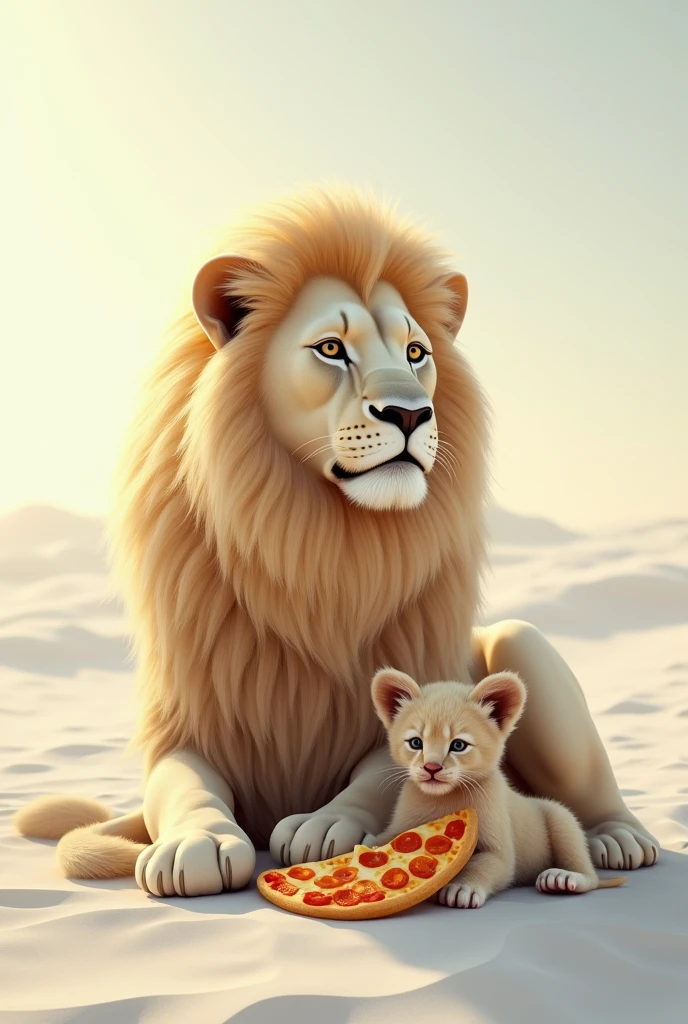 The lion with long hair,in white desert,seating with baby,eating pizza