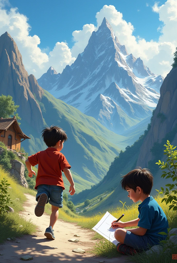 Make a image of a boy running to her village in mountain and another boy is drawing a Lamborghini 