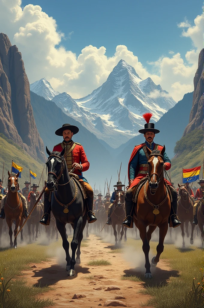Generate me an image that is half half one half the Argentine general San Martín who liberated Chile in the south.And in the north, General Simon Bolivar liberating the part of Peru.