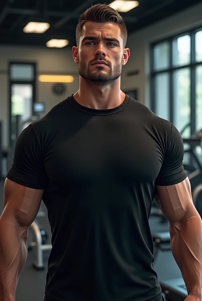 Semi-muscle man at the gym wearing a black round neck polo shirt, Please make sure the neck is round, not a shirt neck.