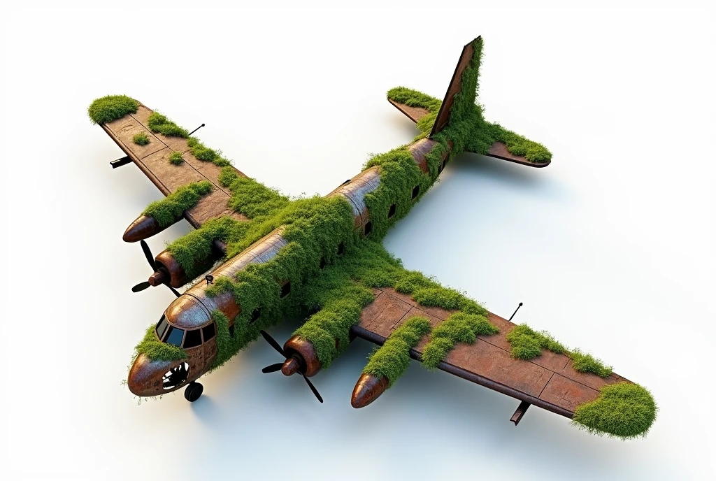 Aerial view of a rusty airplane covered in moss, total white background, complex and realistic details, image for reference model composition, 3D presentation thumbnail. unreal engineer Iray rendering NVIDIA RTX 3060, global lighting studio,