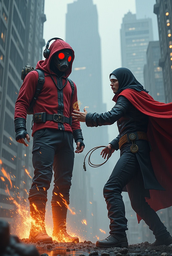 Young Star-lord with red hoodie, headphones, star-lord helmet, gas helmet, covered mouth, round red eyes, Red eyes, magic rings in the hands and rocket boots, Vs. Doctor strange, Vs. nun woman, Fighting, power, fiction, full body, 3 person, magic lasso, hight, fall, fire in boots, poweful spells, realistic, helmet, mask, red cape, confrontation, punch, gun, flying in the sky, view of the city from above, rain, Black gloves, ocean floor, face cover, free hair, front cover
